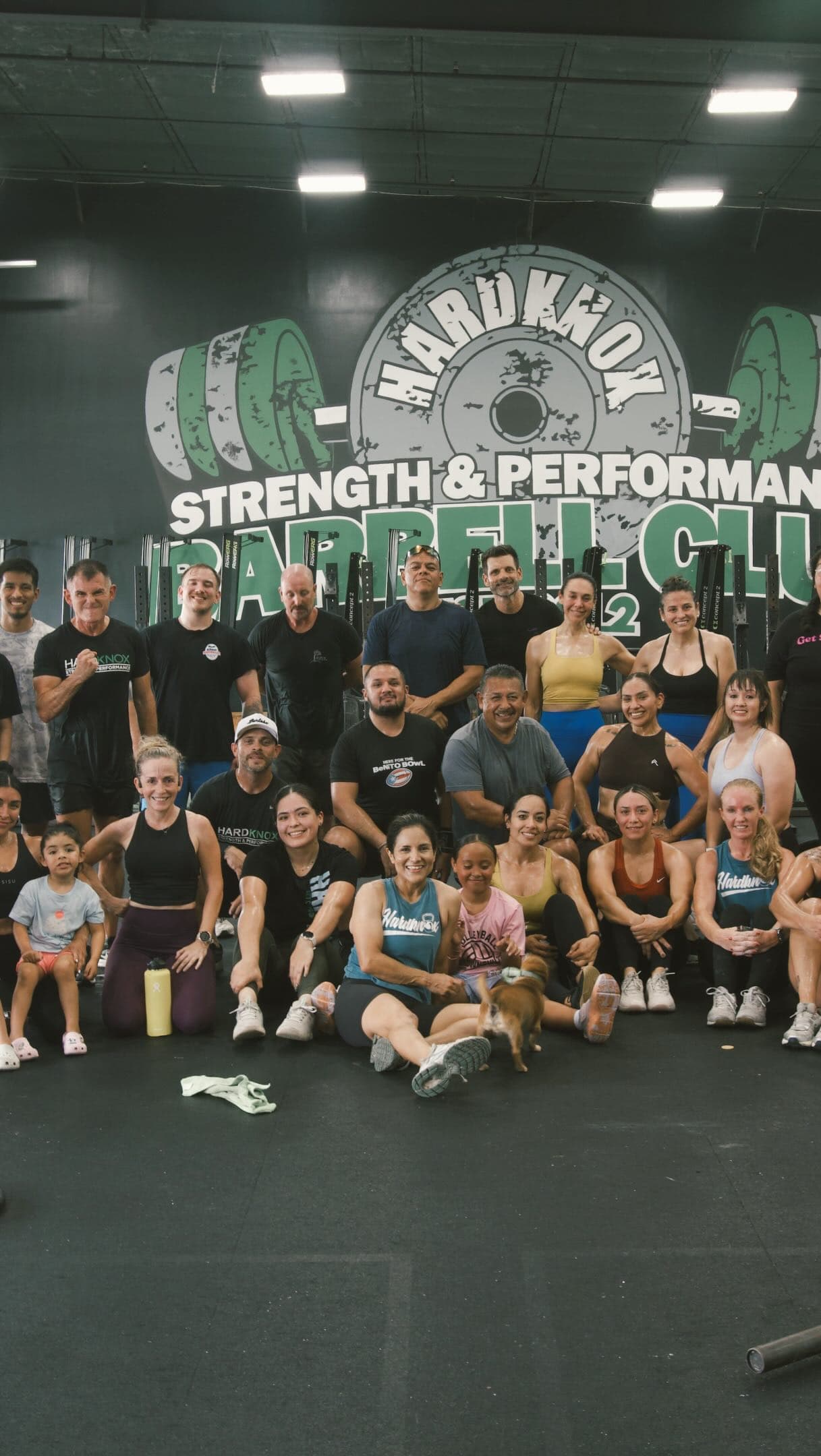 The HardKnox strength gym community gathered for a big group photo after a Golden Hour Coffee pop-up.